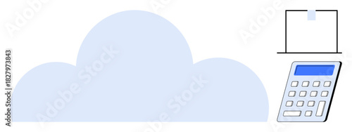 Cloud with secure file transfer icon and calculator emphasizing technology, efficiency, and data management. Ideal for cloud storage, analytics, security, technology integration, finance, business