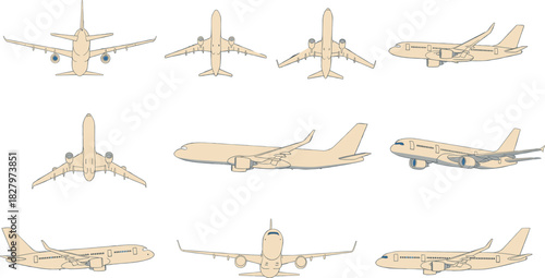 Vector Illustration Set of Commercial Passenger Airplane Views, Including Top, Front, Side, and Underside Angles, Ideal for Aviation Graphics, Travel Marketing, and Aircraft Design Templates