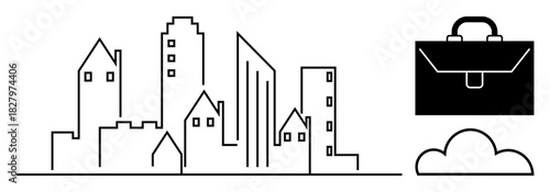 Simplistic cityscape with varied buildings next to a cloud and briefcase. Ideal for business, real estate, career, innovation, data storage, urbanization, or connectivity. Minimalist flat metaphor