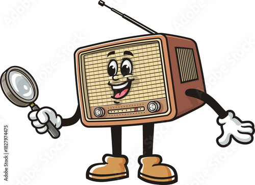 Cartoon of Radio mascot holding a magnifying glass