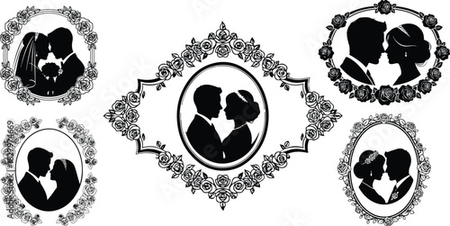 Vector Set of Romantic Couple Silhouettes in Ornate Floral Frames for Wedding Invitations