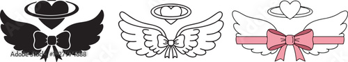 Vector Set of Angel Wings with Heart Halo and Ribbon Bow for Love and Heavenly Graphics