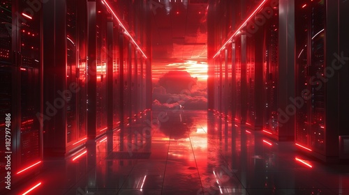 Wallpaper Mural Server racks glowing red with reflections of a surreal sky Torontodigital.ca