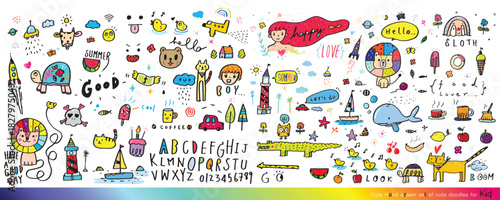 Collection of hand drawn cute doodles,Doodle children drawing,Sketch set of drawings in child style,Funny Doodle Hand Drawn,Page for coloring, cute animal hand drawn, cute Doodle