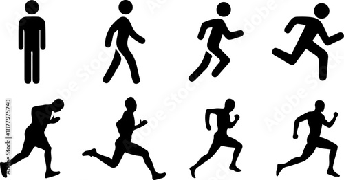 Vector set of black silhouettes of people running and playing soccer, football, and basketball action sports