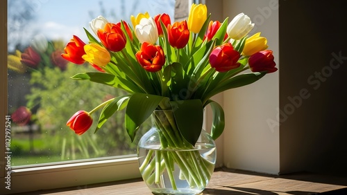Wallpaper Mural Vibrant Mixed Tulip Bouquet in Clear Glass Vase on Sunny Windowsill Torontodigital.ca