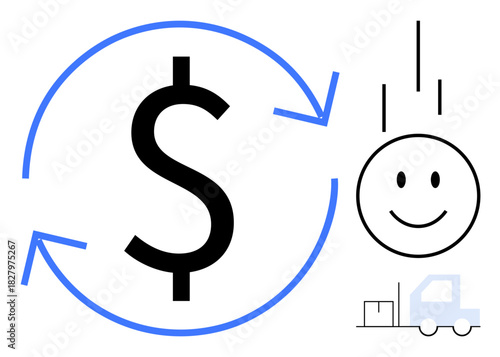 Money flow. Dollar sign with arrows circulation near a happy face and truck icon. Money flow addressing supply chain, logistics, trade, commerce, and efficient transportation