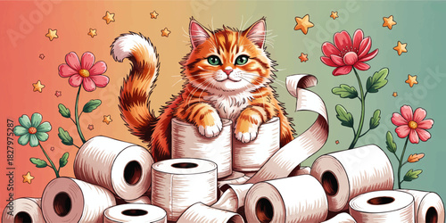 Cute ginger kitten with toilet paper rolls and blooming flowers on colorful pastel gradient background, whimsical cartoon illustration
