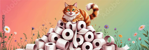 Cute ginger cat on toilet paper rolls in spring flower field, funny pet illustration on pastel gradient background, panoramic banner art
