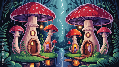 Fantasy mushroom house village at night in enchanted forest with glowing lanterns, rain, river and cute magical animal characters