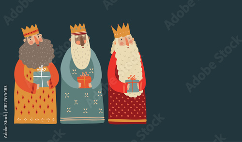 Christmas greeting card invitation. Biblical Three kings Caspar, Melchior, Balthazar bringing gifts isolated on night background. Dia de Reyes holiday. Happy epiphany vector illustration. Christianity