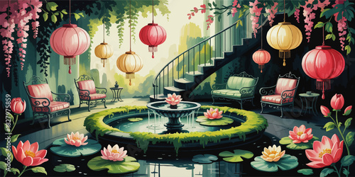 Enchanted garden courtyard with lotus pond fountain, hanging lanterns and wrought iron chairs in serene floral evening ambiance