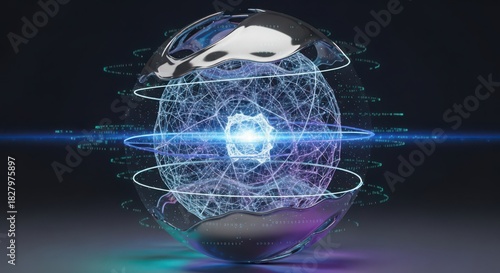 Futuristic glowing digital sphere with chrome shell and data streams technology