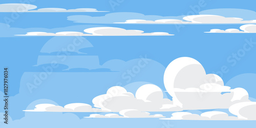 Illustration of a blue sky with white clouds in a flat style. Blue sky background and white clouds. Cartoon sky