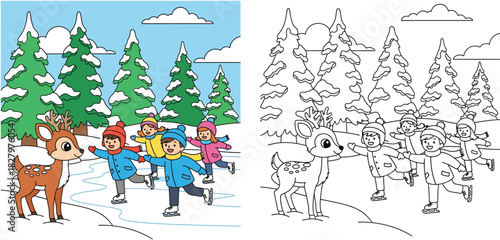 Winter scene coloring page with happy children ice skating on frozen pond and cute deer, snowy forest background, colored example and outline vector illustration for kids education and fun