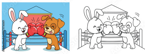 Cute rabbit and brown dog boxing in a ring with red gloves vector illustration set in color and black and white outline suitable for coloring book page and sports design