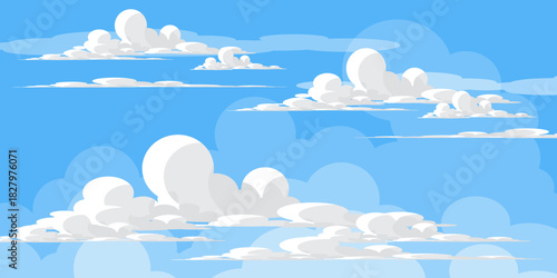 Illustration of a blue sky with white clouds in a flat style. Blue sky background and white clouds. Cartoon sky