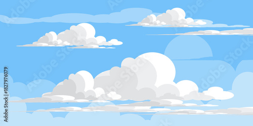 Illustration of a blue sky with white clouds in a flat style. Blue sky background and white clouds. Cartoon sky