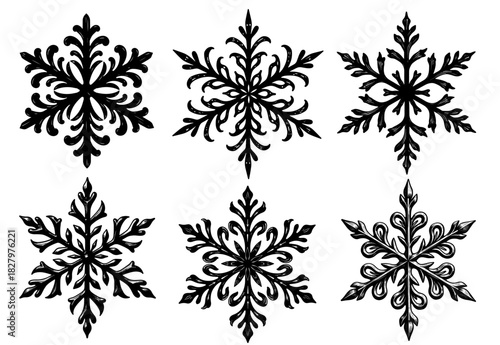 Set of symmetrical vector snowflakes in decorative form Concept of Christmas winter decoration and festive pattern - seasonal - graphic