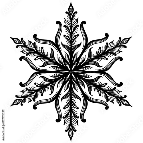 Stylized symmetrical snowflake with curved branches and pointed ends Concept of winter frost and holiday decoration - festive - seasonal symbol