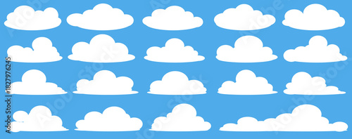 set of vector illustrations of clumpy clouds, cloud bubbles in flat style on a blue background
