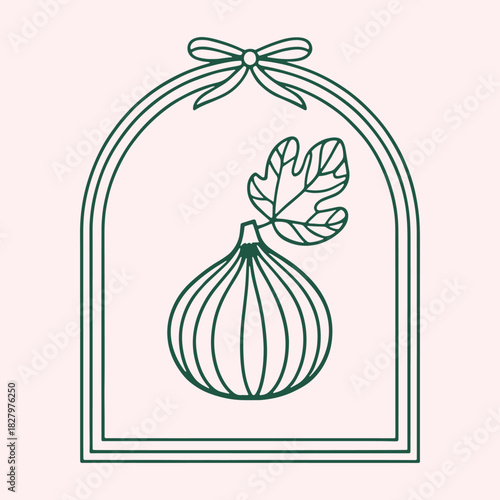 Green line art fig fruit with leaf inside decorative arch frame and bow fig leaf green outline