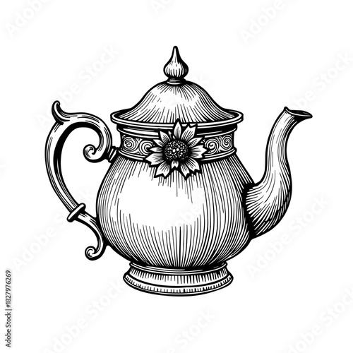 Vintage teapot with Christmas holly decoration and ornate lid Concept of festive tea time and traditional holiday table - warmth - cozy drink