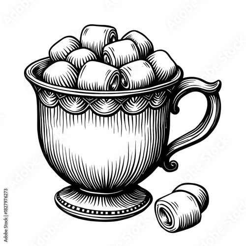 Cup of hot chocolate with marshmallows and saucer in cozy style Concept of Christmas drinks and winter holiday comfort - beverage - seasonal