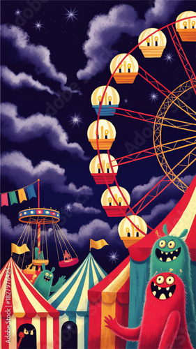 Colorful monster carnival at night with Ferris wheel, circus tents and fun fair rides under starry sky – whimsical kids illustration