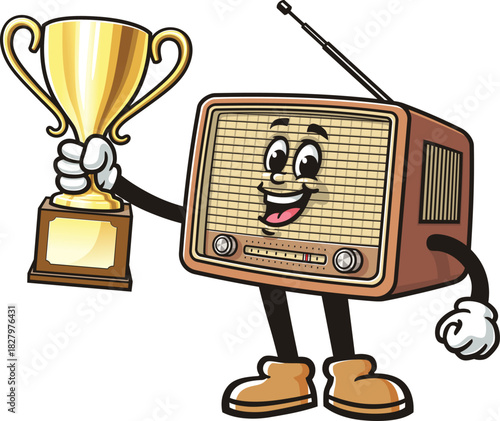 Radio mascot cartoon holding a trophy