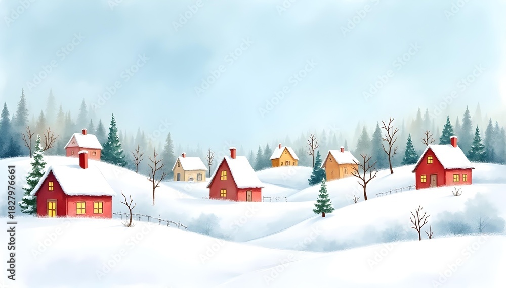 Naklejka premium watercolor Christmas village background, hand-painted style, soft snowy textures, pastel houses, gentle blue sky, artistic brush strokes, warm festive feeling, high resolution.