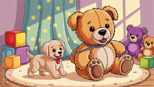 Cute puppy playing with giant teddy bear in cozy kids room, colorful cartoon nursery interior with toys, blocks and star curtain