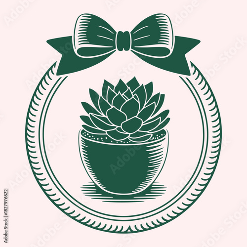 Green succulent plant in a pot with a bow and circular frame vector