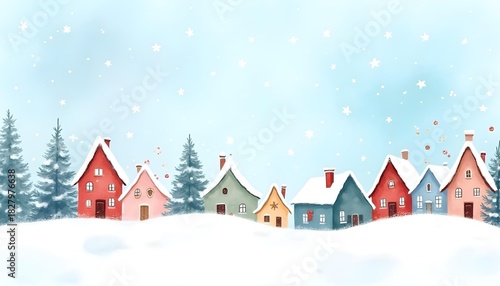 watercolor Christmas village background, hand-painted style, soft snowy textures, pastel houses, gentle blue sky, artistic brush strokes, warm festive feeling, high resolution.