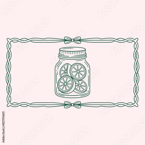 Green line art mason jar with citrus slices inside a decorative border lemon lime