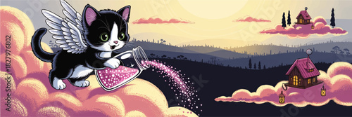 Cute winged kitten pouring magic potion on pink clouds in whimsical fantasy sky landscape with cozy flying houses
