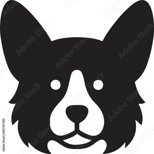 a black and white illustration of a dog face with pointed ears