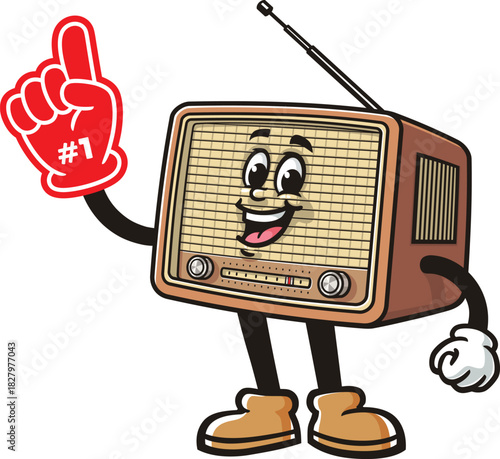 Radio mascot cartoon holding a giant foam finger