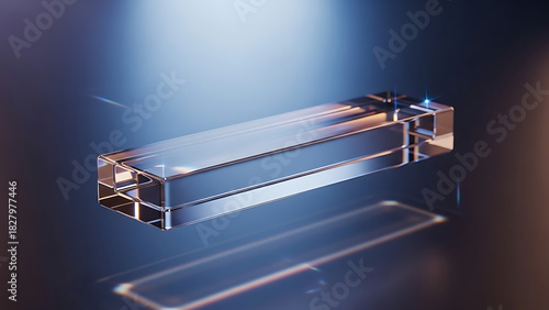 Clear glass rectangular prism floating with blue and orange light
