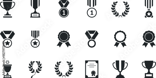 Award icon set, black and white, trophy medal ribbon, certificate laurel wreath, achievement symbol, recognition design, success graphic