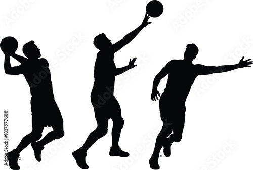 Basketball silhouettes, action poses, black and white, jump shot, pass motion, athletic stance, sports movement, dynamic figure, ball control