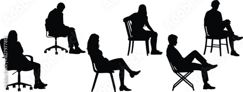 Chair silhouette set, black and white, seated posture, ergonomic variety, office chair, folding seat, relaxed pose, furniture design