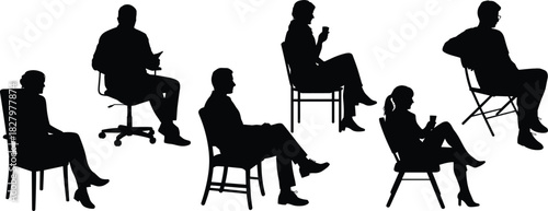 Chair silhouette, seated figures, black and white, relaxed posture, ergonomic variety, phone and cup, casual sitting, furniture design, pose