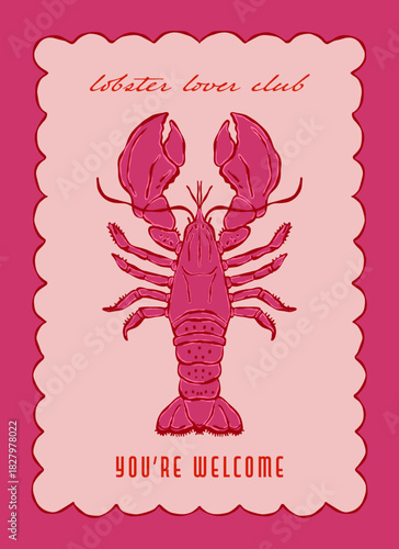 Pink lobster illustration card with lobster lover club and youre welcome text