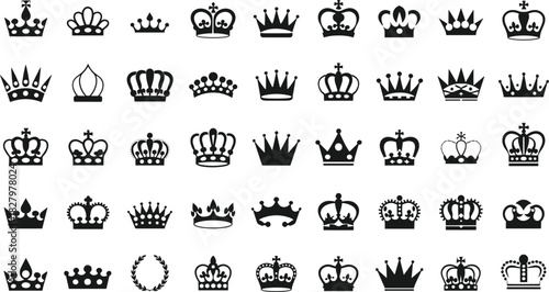 Crown silhouette set, black and white, royal icons, heraldic shapes, emblem design, logo elements, regal symbols, vector grid