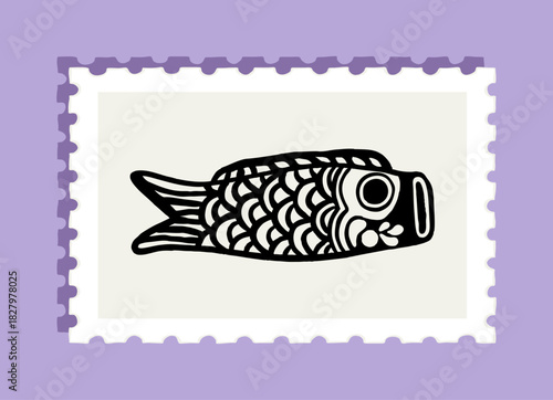 Single horizontal black carp fish illustration on postage stamp