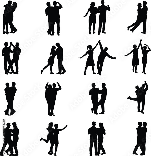Dancing couple silhouettes, black and white, ballroom poses, social dance, expressive movement, partner interaction, elegant steps, rhythm scene