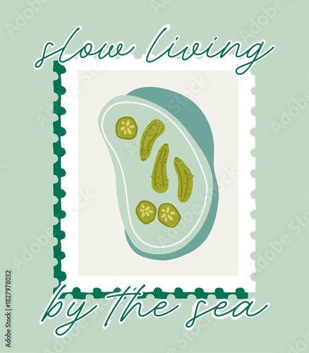 Pickled cucumbers in brine illustration on postage stamp with slow living text