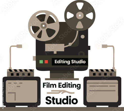 Vintage film editing studio setup, evoking old Hollywood nostalgia, ideal for movie production company branding and creative storytelling projects