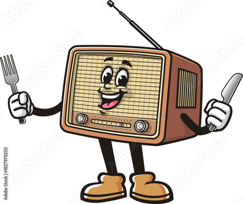 Radio mascot cartoon holding a fork and knife